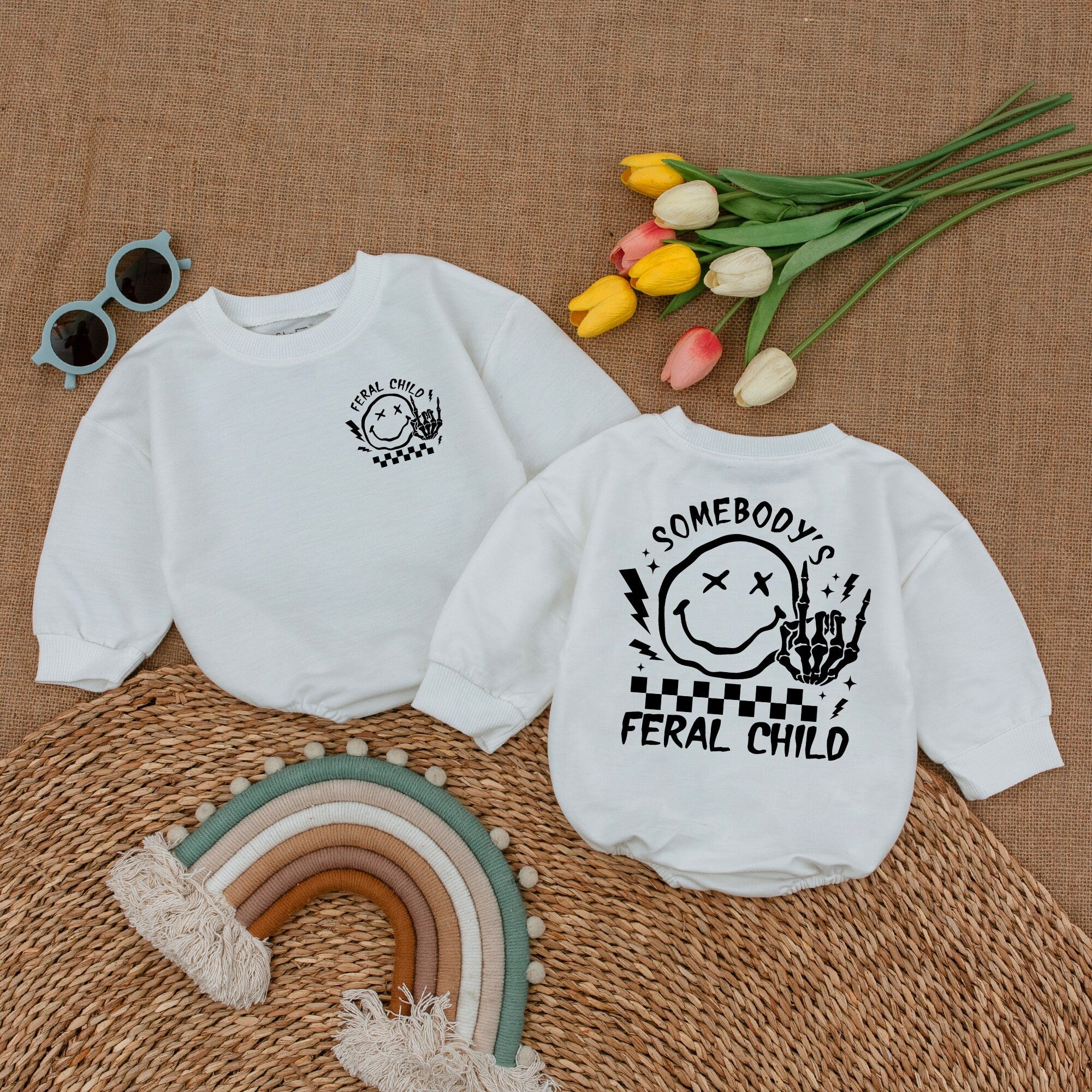 Somebody's Feral Child Romper Funny Unisex Baby Bodysuit Cute Cotton Outfit with Smiley Face and Checkerboard Kids Birthday Holiday Gift