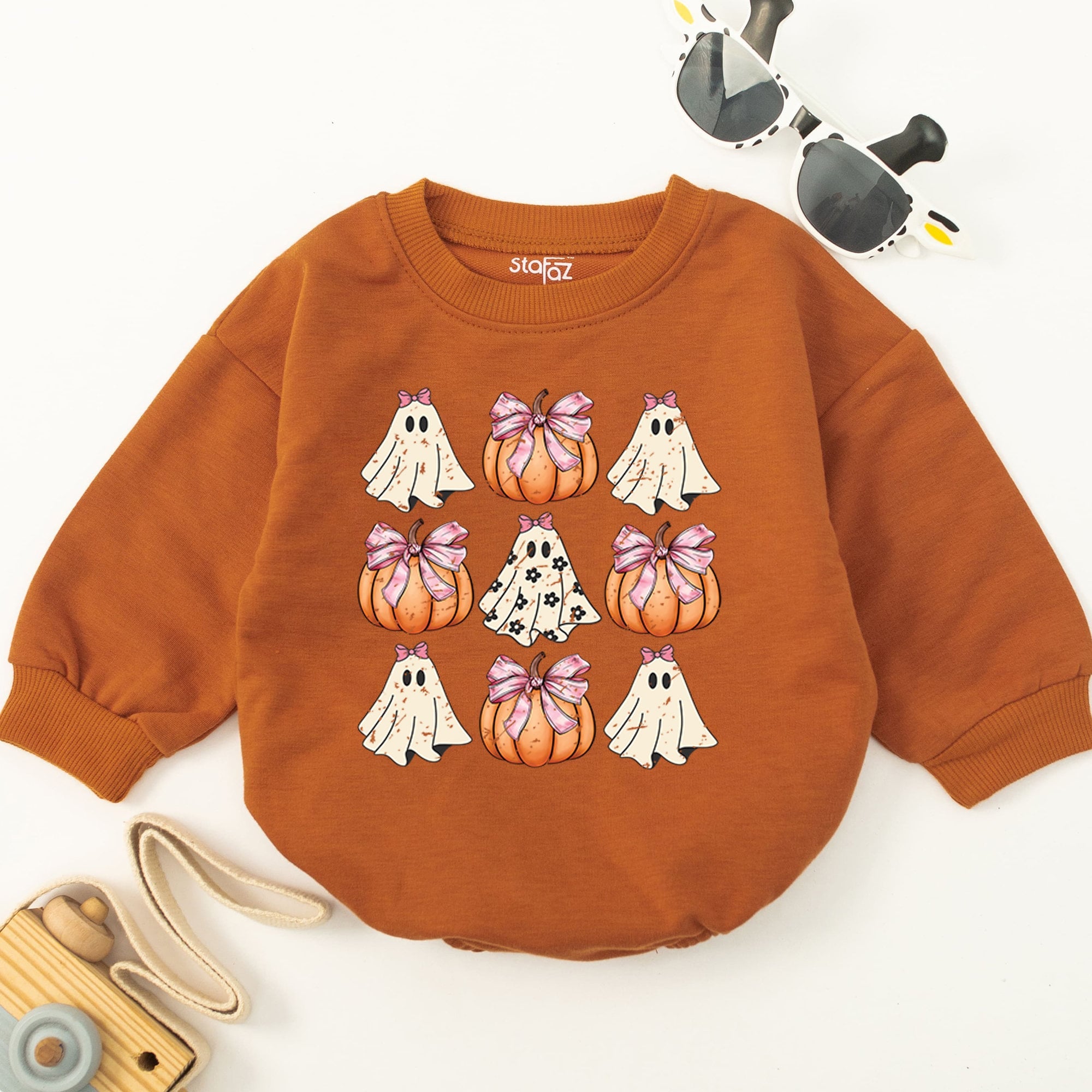 Retro Ghost Pumpkin Baby Romper Halloween Outfit Soft Autumnal Cotton Infant Bodysuit with Bows for Thanksgiving Baby Shower Gift