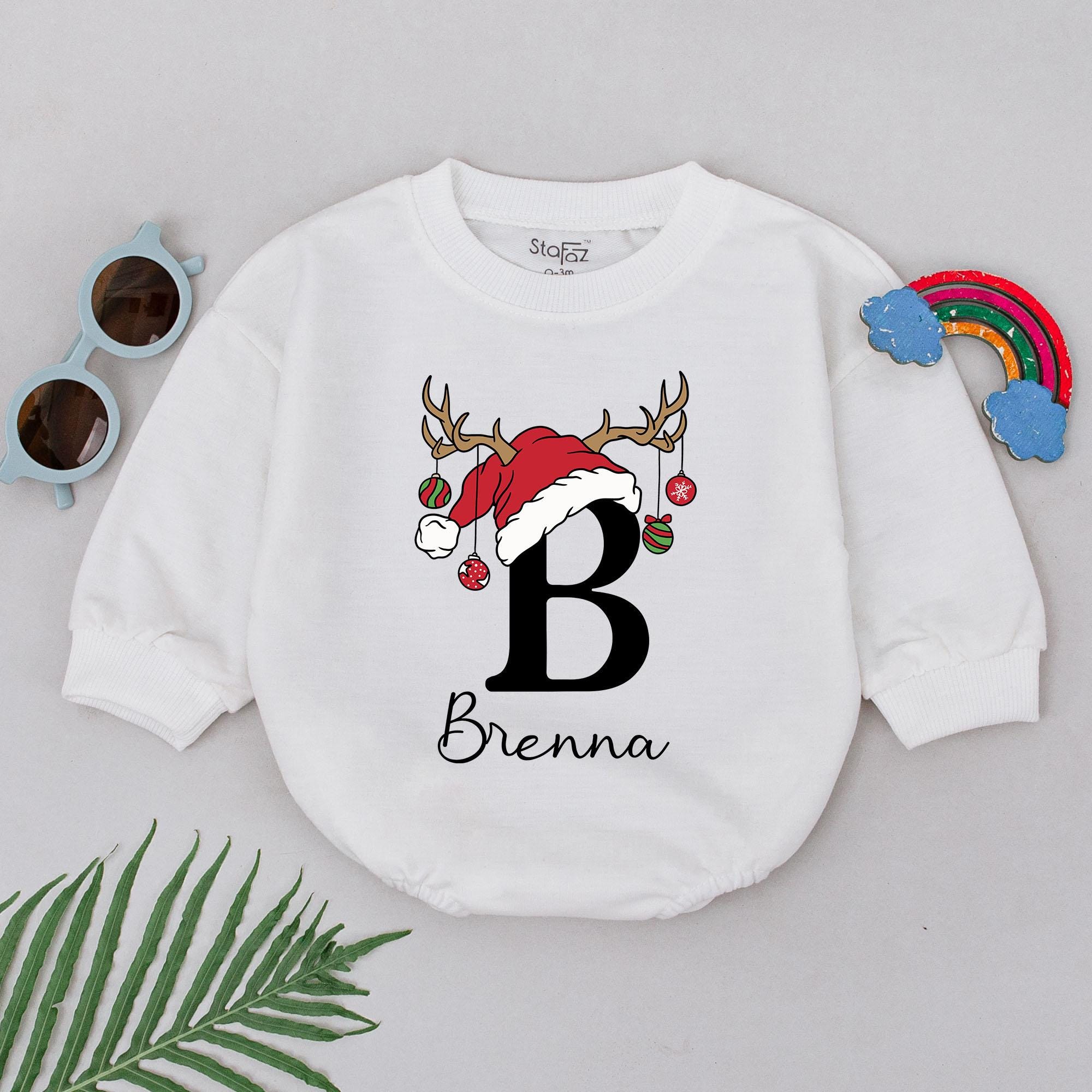 Personalized Christmas Romper with Santa Hat Baby's First Holiday Outfit Custom Name Gift for Newborn Girls Festive Antler Design