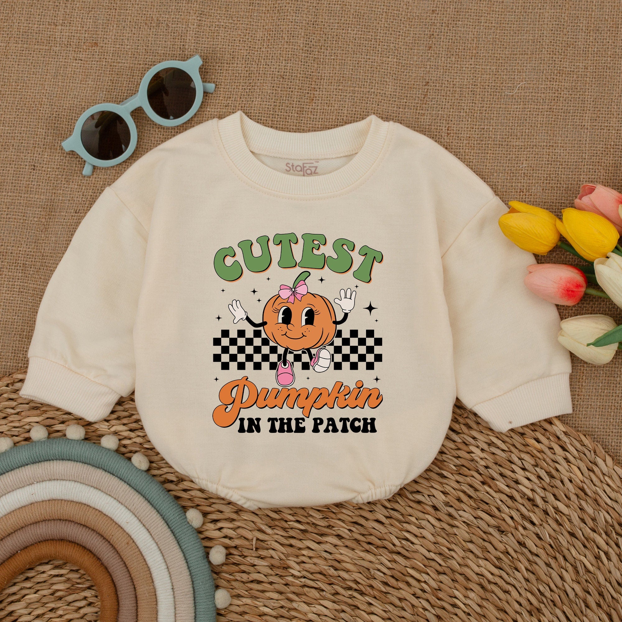 Cutest Pumpkin in the Patch Baby Romper with Smiling Pumpkin Fall Bodysuit for Girls Halloween Gift Soft Cotton Checkered Design