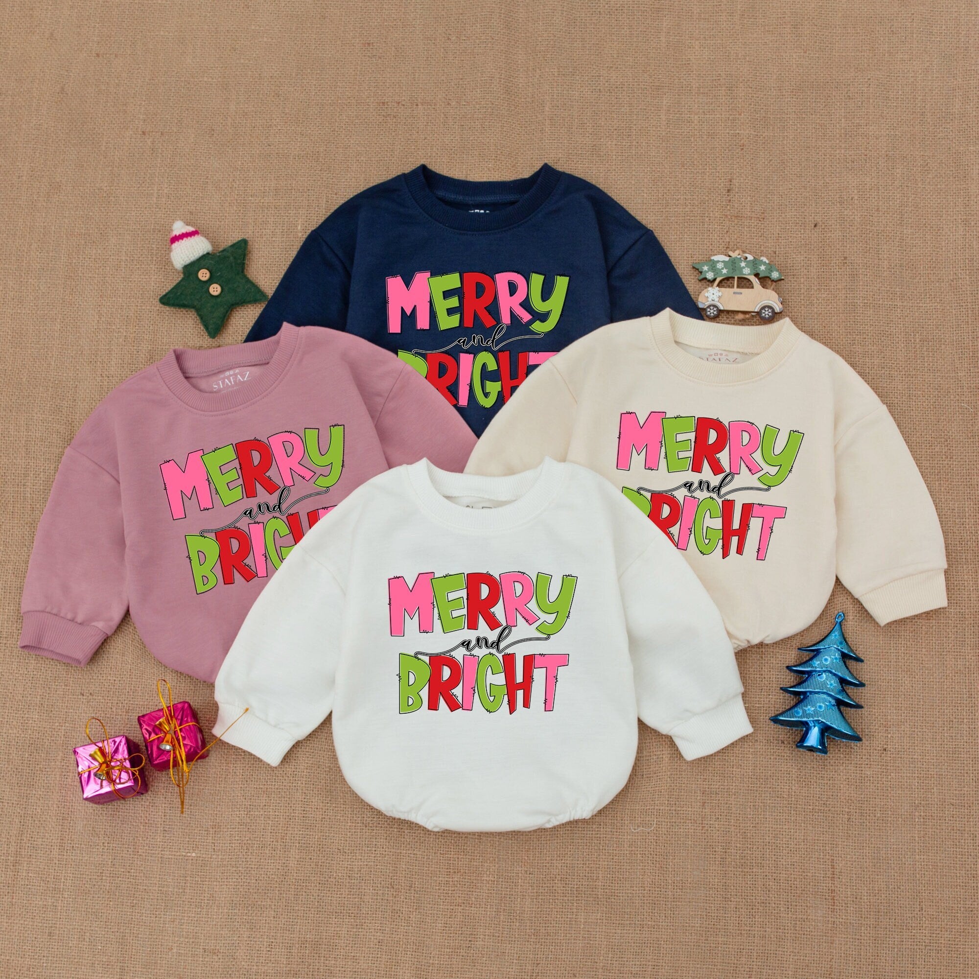 Merry and Bright Baby Romper Christmas Outfit Infant Holiday Clothes Soft Cotton First Xmas Gift Custom Name Red Green Festive Design