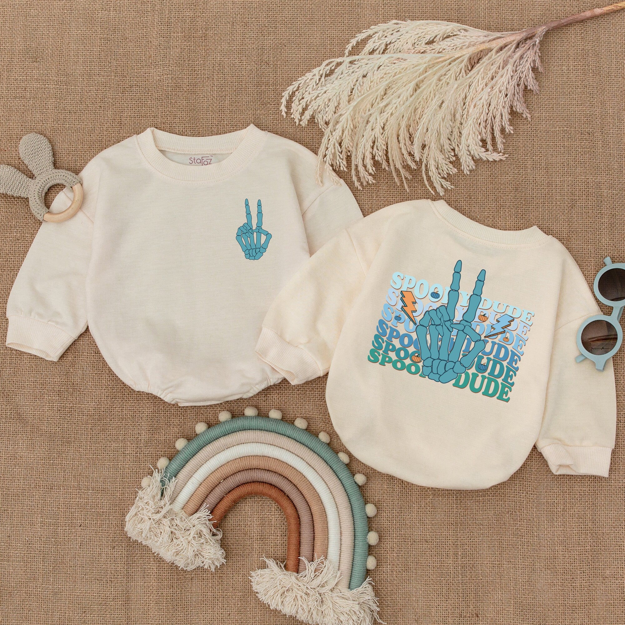 Spooky Dude Baby Romper with Teal Skeleton Peace Sign Halloween Outfit for Infants Soft Cotton Pumpkin Bodysuit Perfect Baby Shower Gift