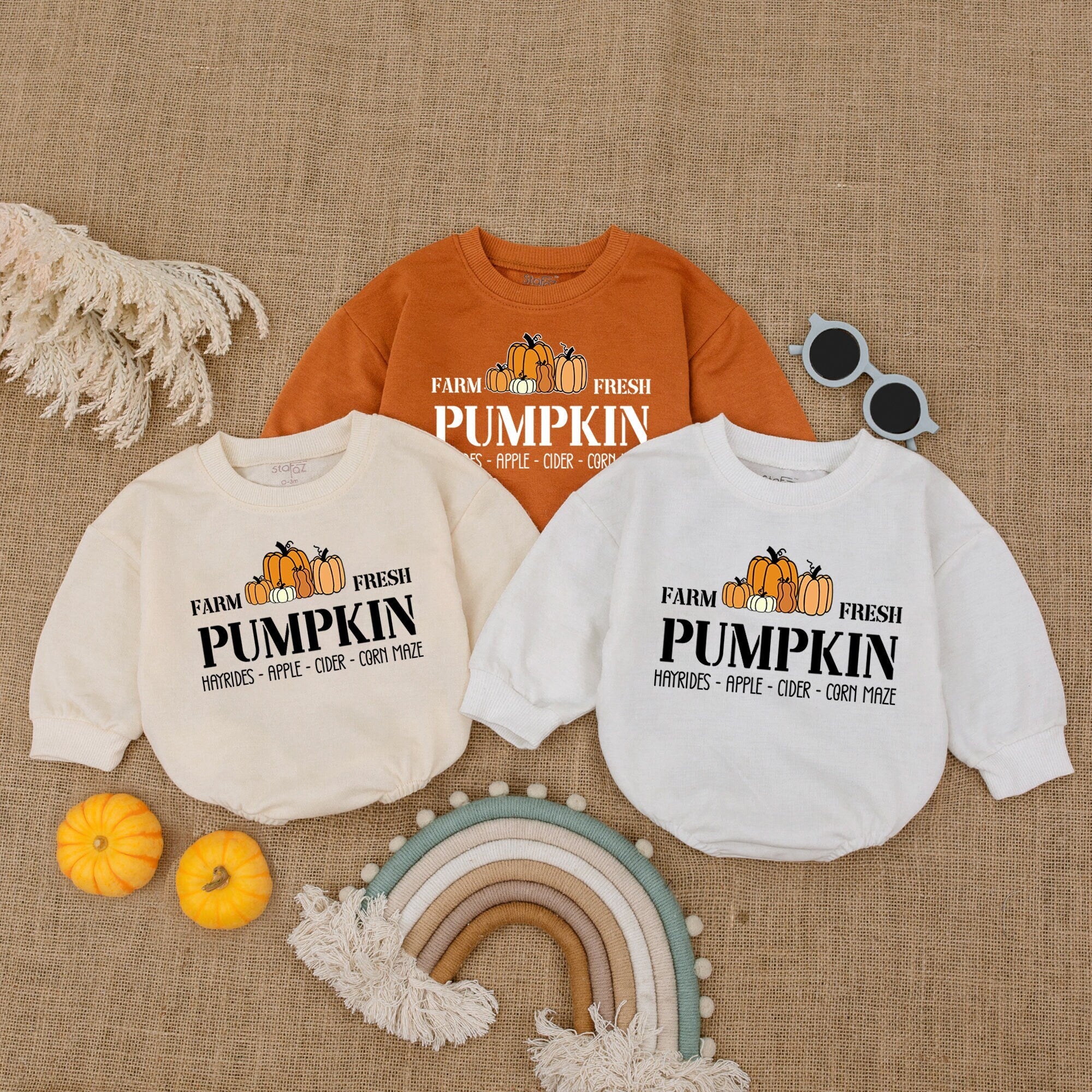 Farm Fresh Pumpkin Baby Romper Fall Outfit with Hayrides Apple Cider Design Cozy Autumn Cotton Bodysuit for Halloween Thanksgiving