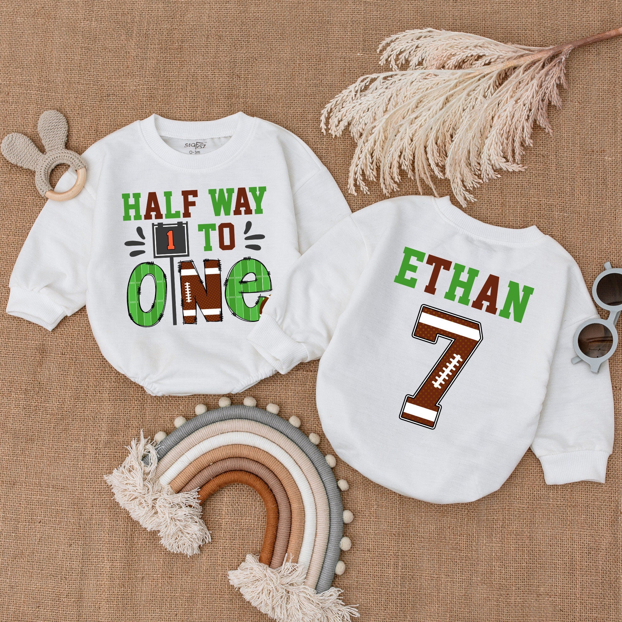 Personalized Half Birthday Romper Football Theme Baby Outfit Ethan's 7 Fun Cotton Celebration for First Half Birthday Party