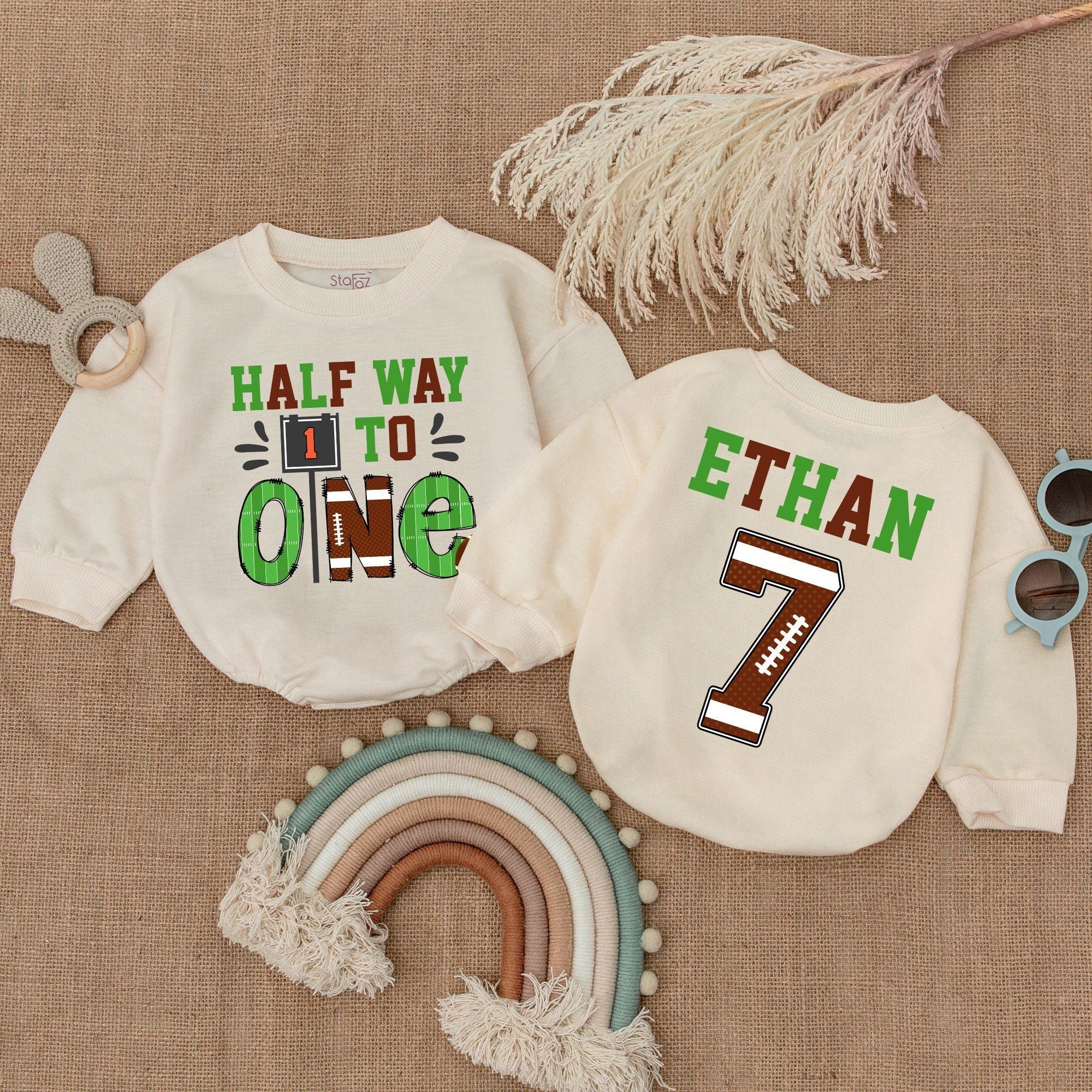 Personalized Half Birthday Romper Football Theme Baby Outfit Ethan's 7 Fun Cotton Celebration for First Half Birthday Party