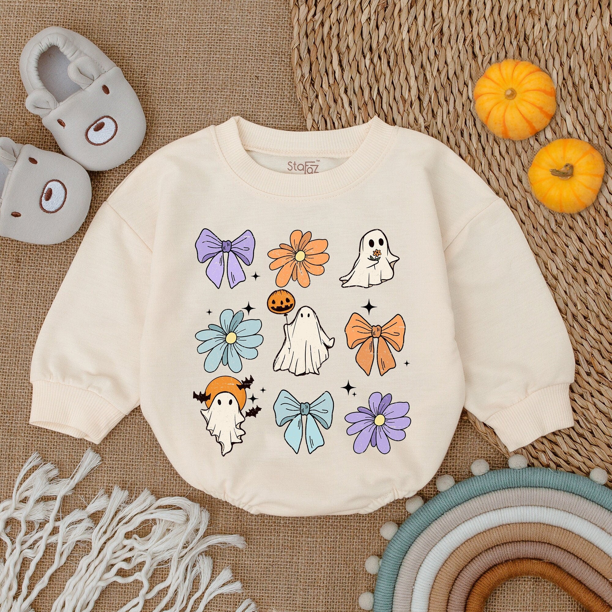 Vintage-Inspired Halloween Baby Romper with Cute Ghosts Soft Cotton Pastel Bows and Flowers First Halloween Outfit for Infants Girls Boys