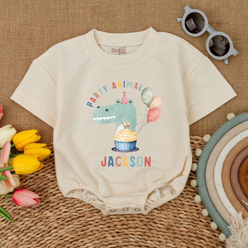 Personalized Party Animal Birthday Romper for Baby Boy or Girl Fun Celebration Dinosaur Design Cake Smash Outfit Cotton Comfort