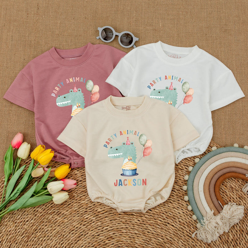 Personalized Party Animal Birthday Romper for Baby Boy or Girl Fun Celebration Dinosaur Design Cake Smash Outfit Cotton Comfort