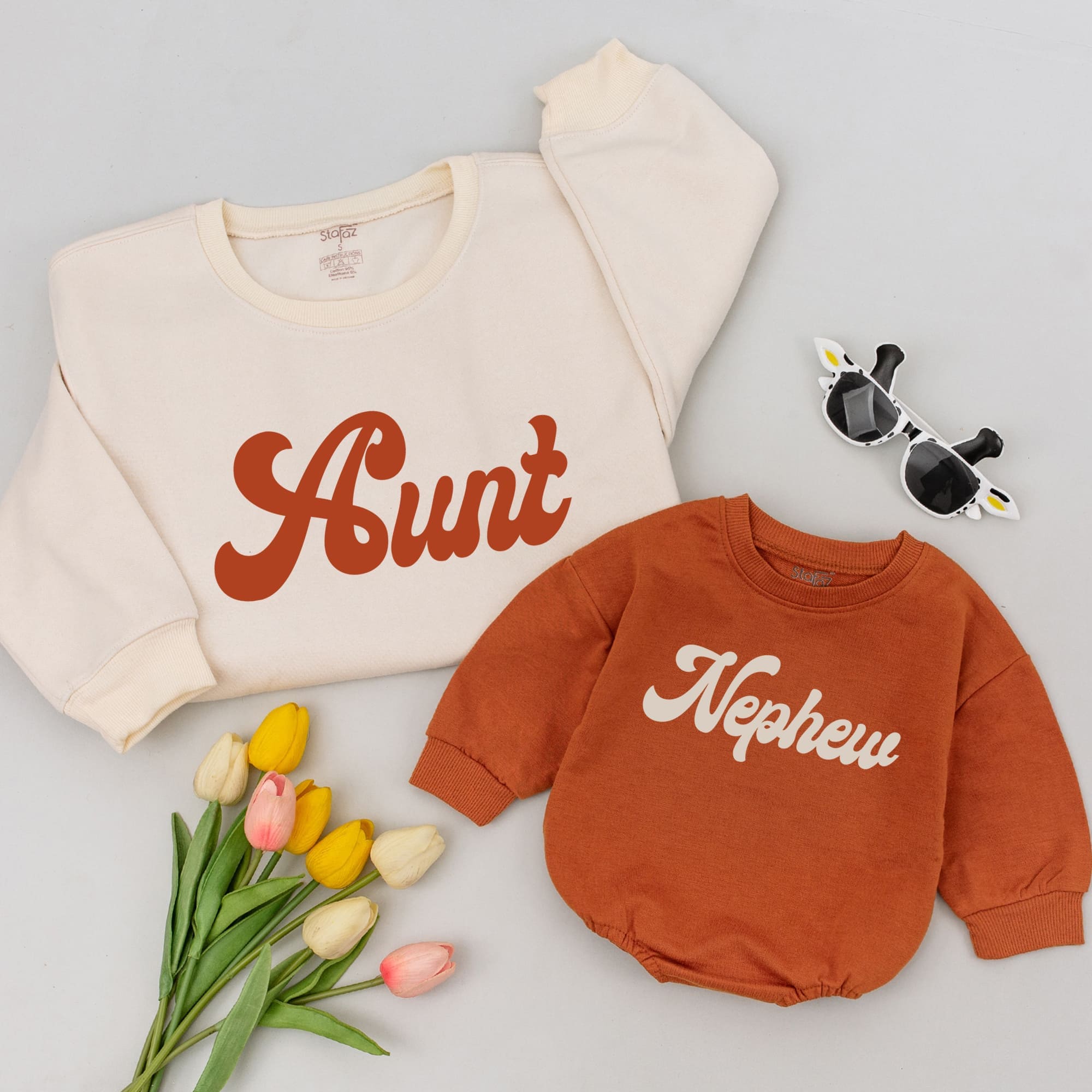 Matching Aunt and Nephew Shirts Custom Names Retro Design Personalized Gift Earthy Brown Creamy White Playful Vintage Cotton Cozy Family