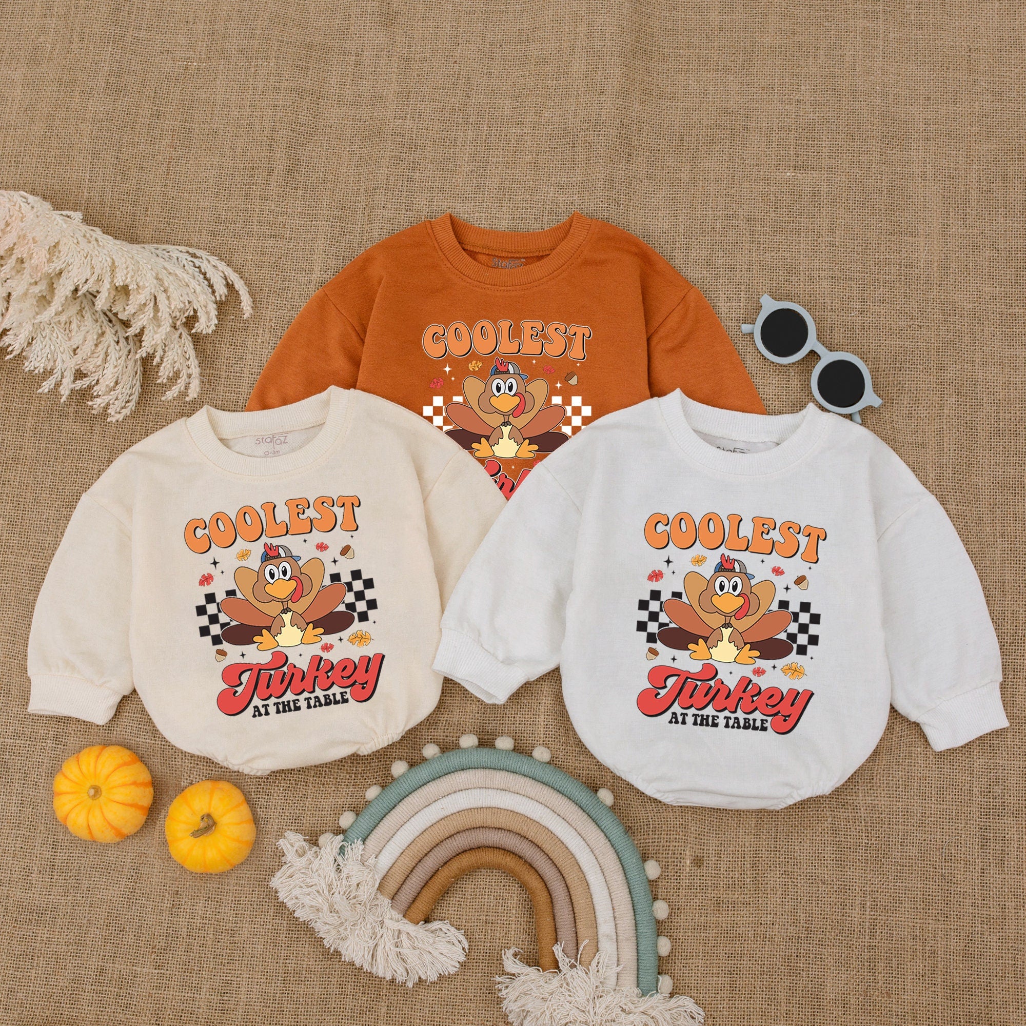 Coolest Turkey Baby Romper Thanksgiving Outfit Cartoon Character Fall Seasonal Design Soft Cotton Personalized Gift 140 Characters