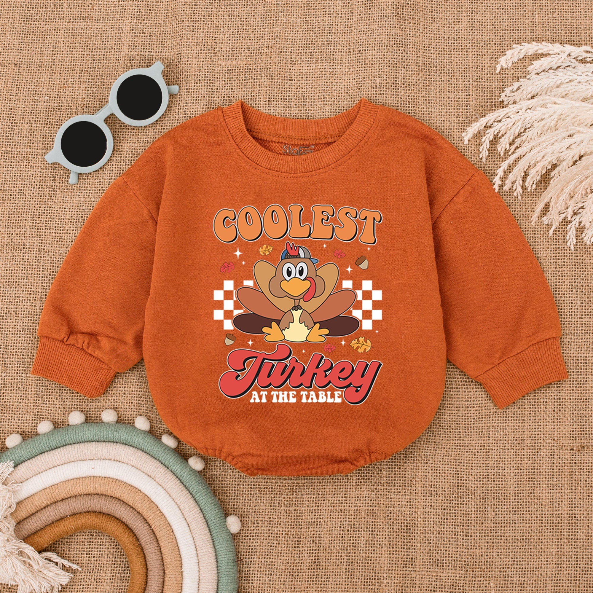 Coolest Turkey Baby Romper Thanksgiving Outfit Cartoon Character Fall Seasonal Design Soft Cotton Personalized Gift 140 Characters