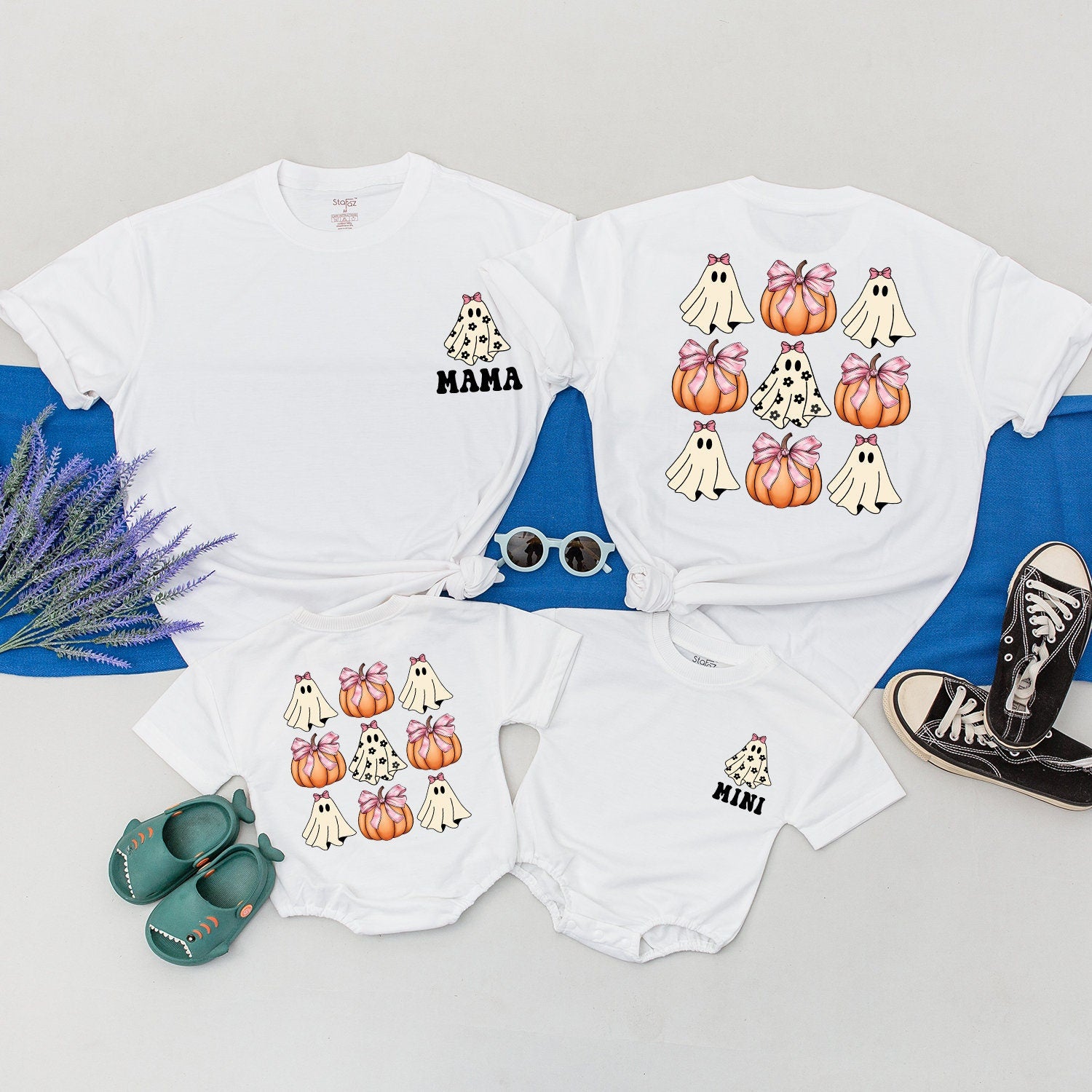 Matching Mama Mini Halloween Shirts with Pumpkins and Ghosts Fall Family Outfit Personalized Pink Leopard Print Cotton