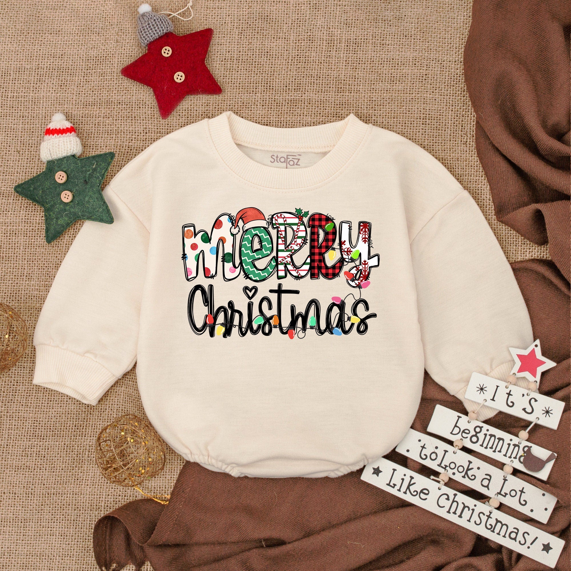 Merry Christmas Baby Romper with Festive Patterns My First Holiday Bodysuit Soft Long Sleeve Outfit Gift for Infant Boy or Girl