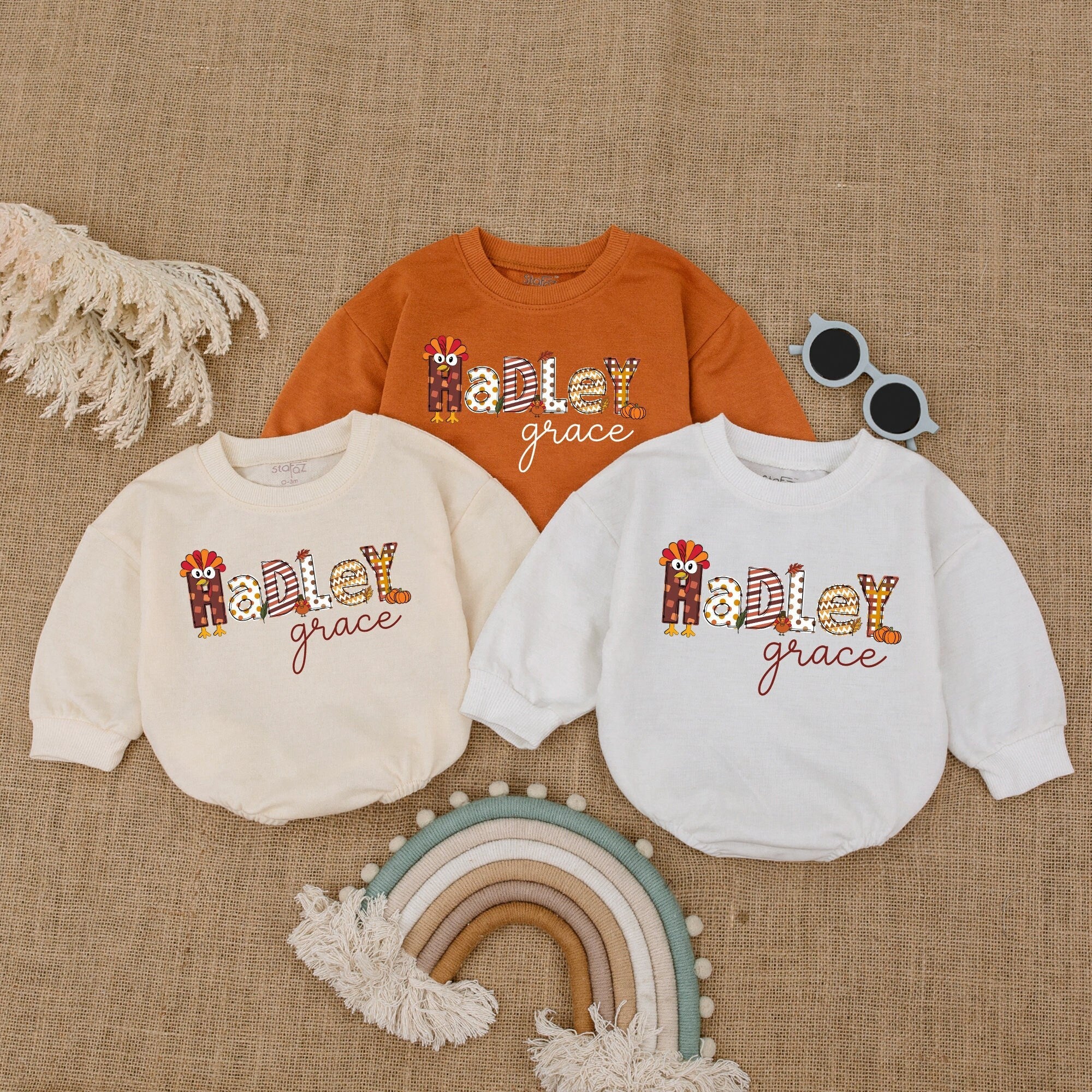 Personalized Hadley Thanksgiving Baby Romper Turkey Design Fall Outfit Infant Autumn Bodysuit Custom Name Warm Earth Tones