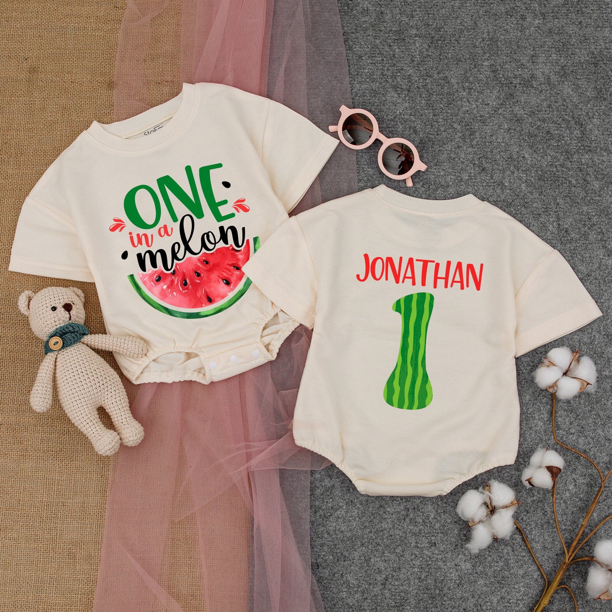 Personalized One in a Melon Romper First Birthday Outfit Baby Girl Watermelon Design Soft Cotton Party Clothes Cheerful Colors Custom Name