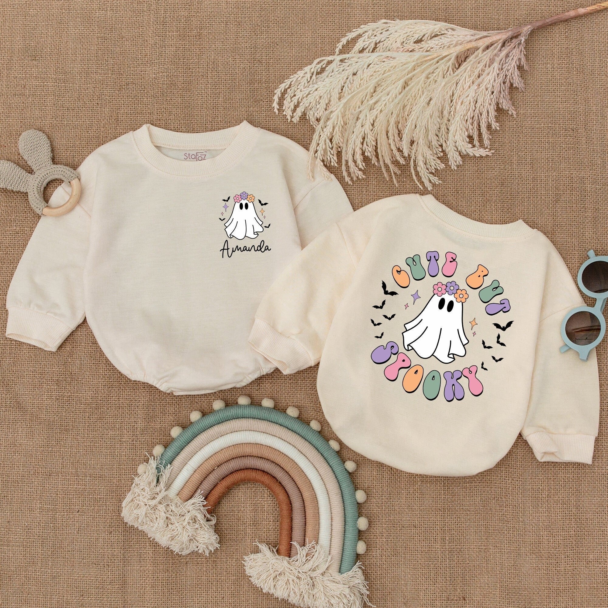 Cute But Spooky Baby Romper with Playful Ghost First Halloween Outfit Gift for Infant Boy or Girl Soft Cotton Bubble Bodysuit Costume