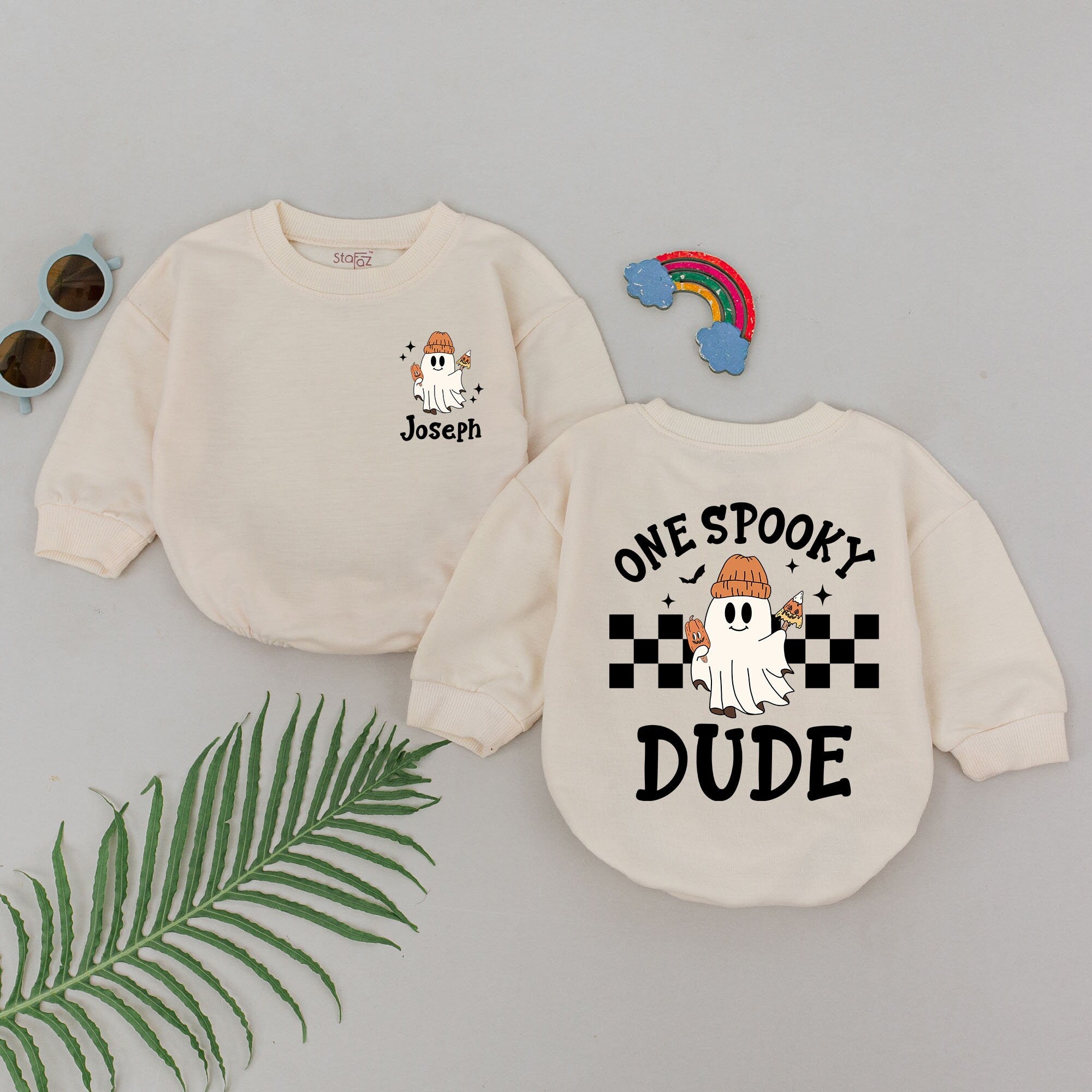 Personalized One Spooky Dude Baby Romper with Ghost Beanie Checkered Pattern Halloween Outfit Newborn Boys Clothing Gift