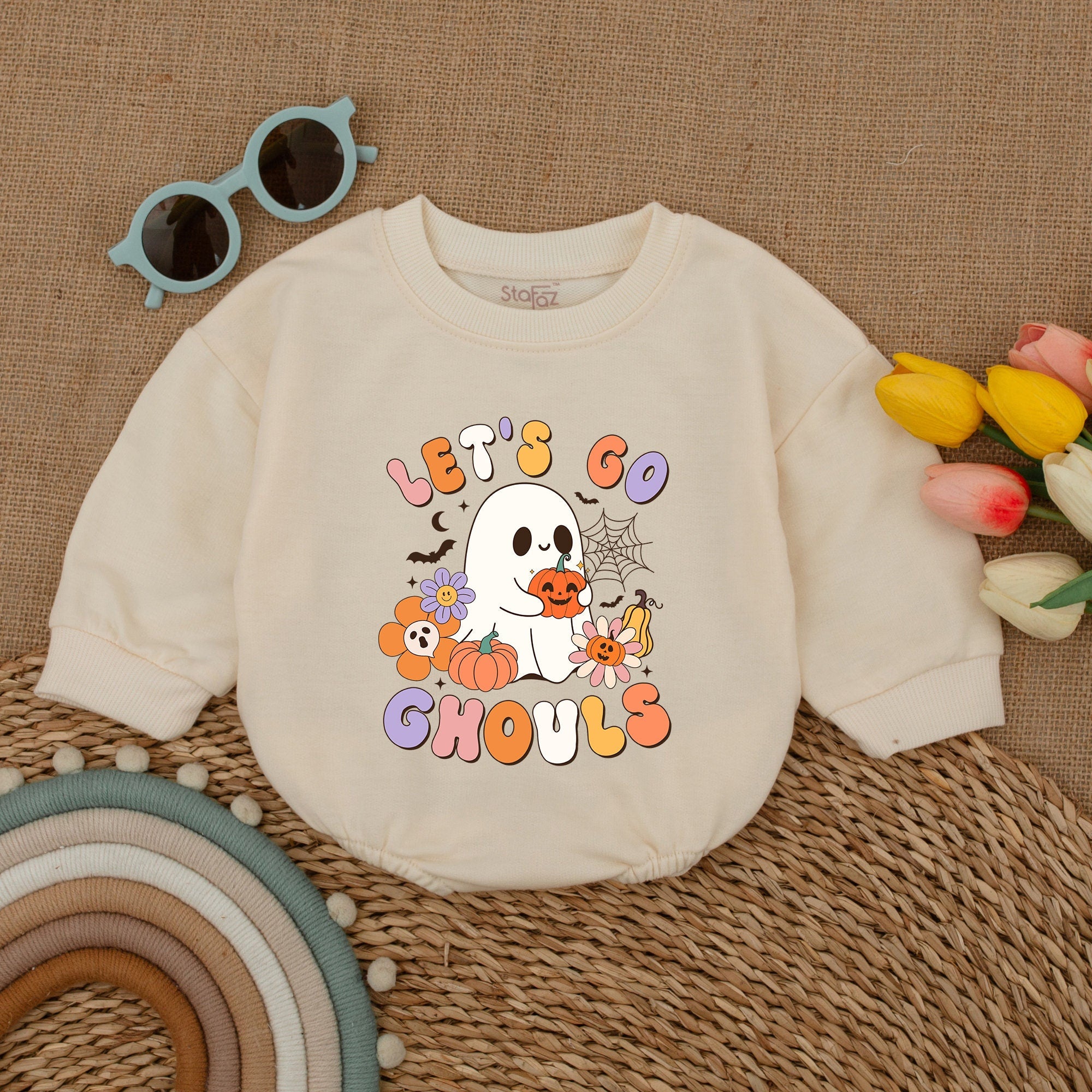 Let's Go Ghouls Baby Romper Cute Ghost Halloween Bodysuit Girls Outfit Festive Fall Costume Newborn Shower Gift Cotton Soft Comfy