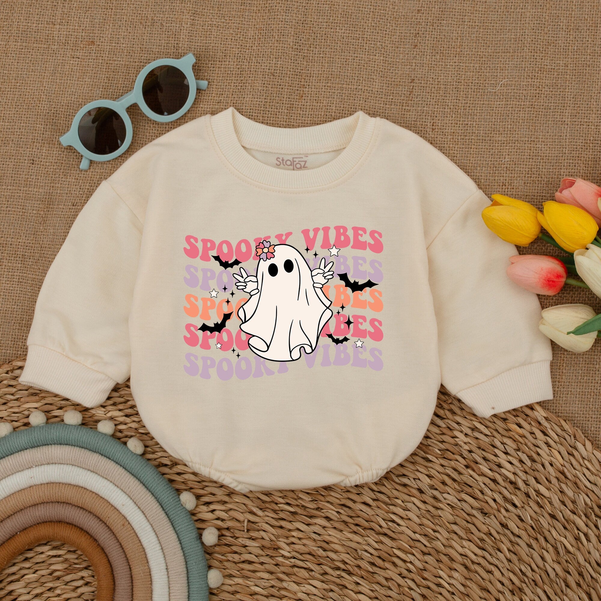 Spooky Vibes Halloween Ghost Baby Romper with Flower Crown Soft Cotton Girl Fall Outfit Festive Infant Bodysuit Baby Shower Gift