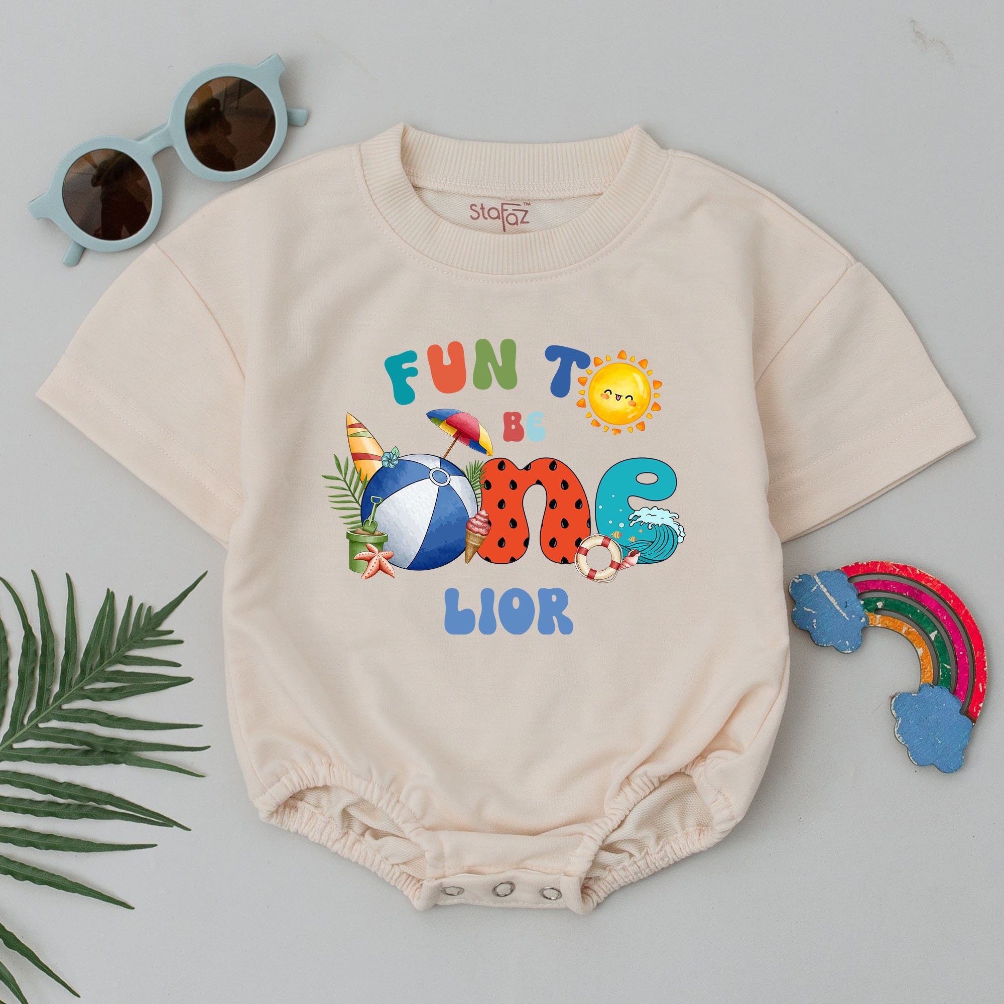 Personalized Fun to Be One Beach Romper Baby Birthday Outfit with Sun Waves Summer Bodysuit Perfect Cake Smash Gift for Baby's First Celebration