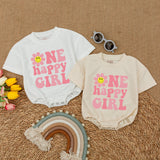 One Happy Girl First Birthday Romper with Smiley Daisy