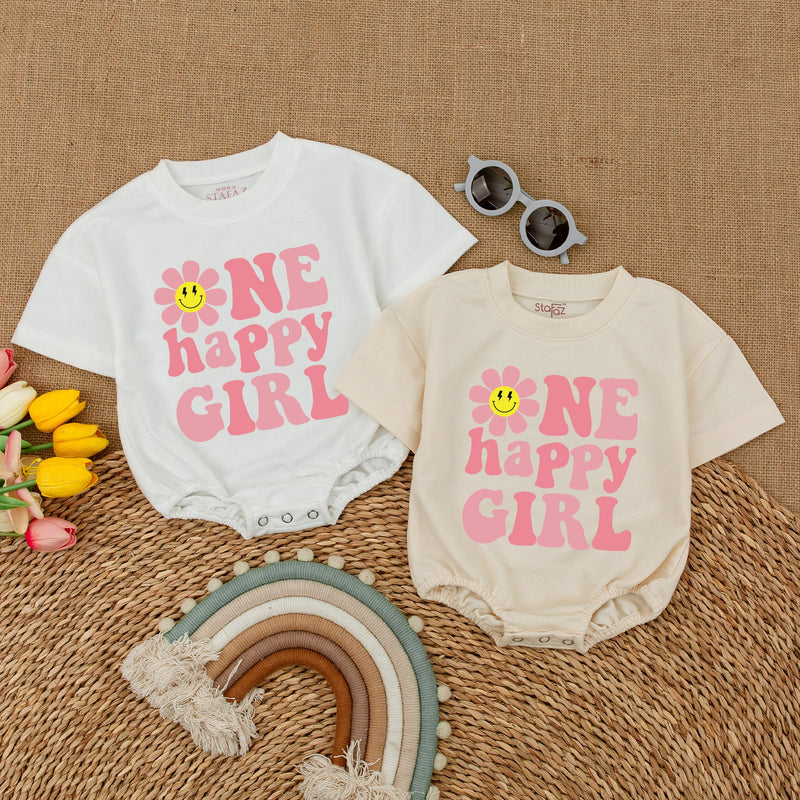 One Happy Girl First Birthday Romper with Smiley Daisy