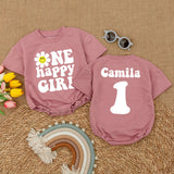 One Happy Girl First Birthday Romper with Smiley Daisy