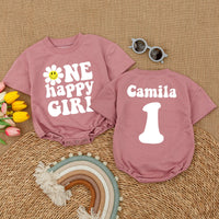 One Happy Girl First Birthday Romper with Smiley Daisy