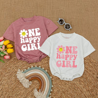 One Happy Girl First Birthday Romper with Smiley Daisy
