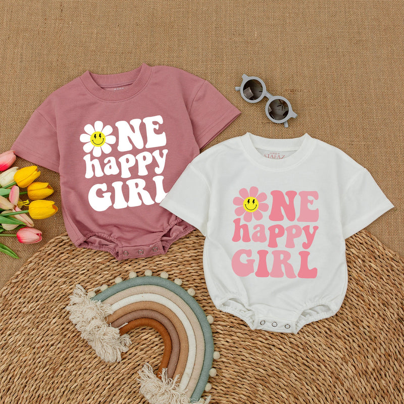 One Happy Girl First Birthday Romper with Smiley Daisy