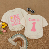 One Happy Girl First Birthday Romper with Smiley Daisy