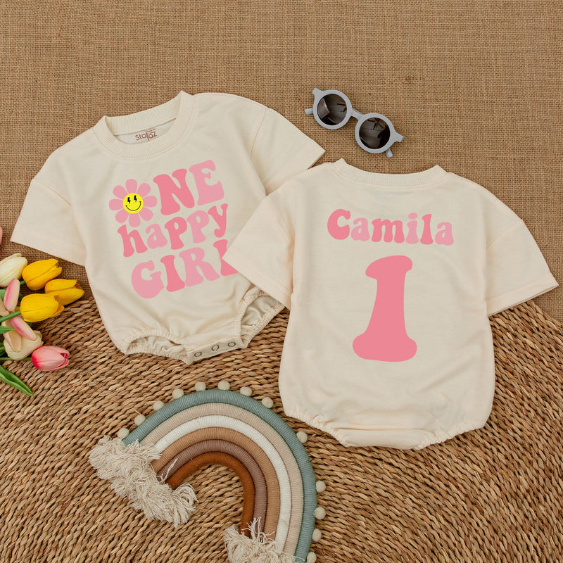 One Happy Girl First Birthday Romper with Smiley Daisy