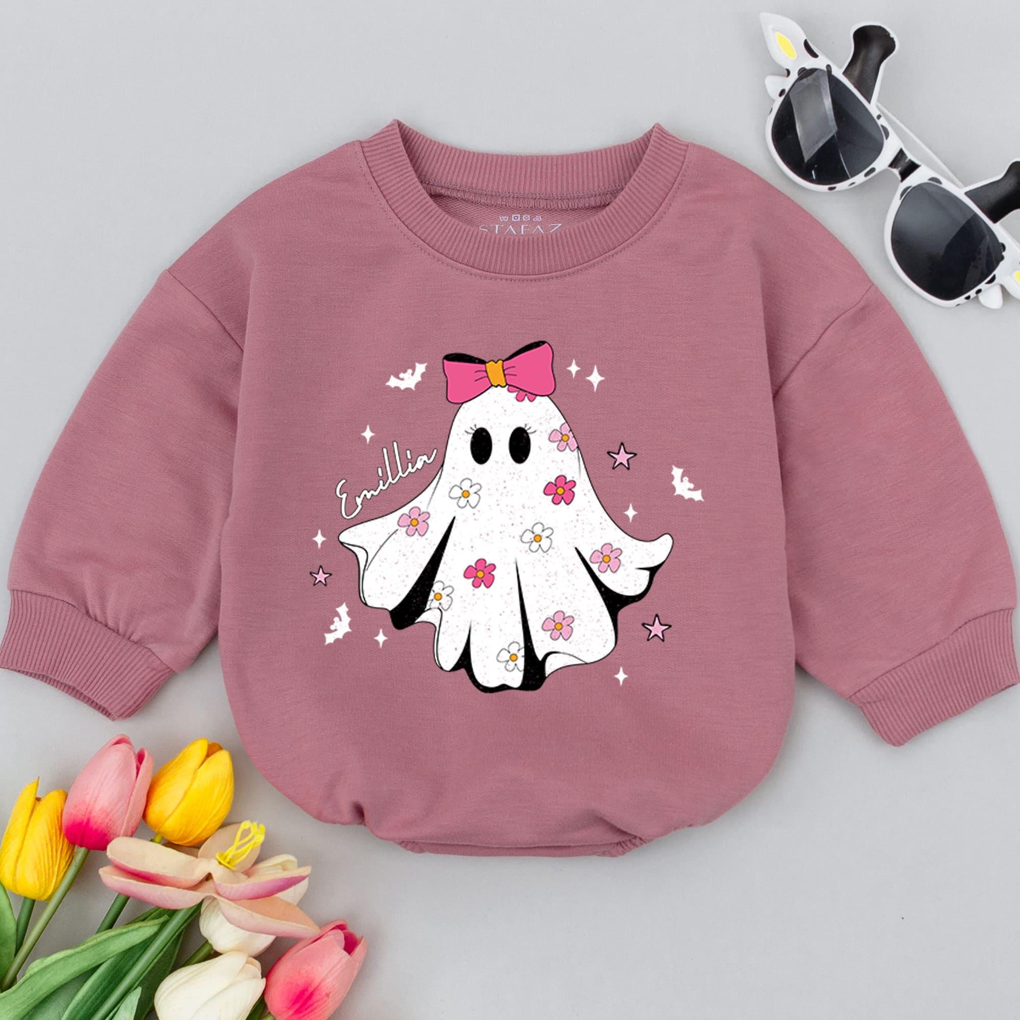 Personalized Emilia Baby Romper Cute Ghost Design Halloween Outfit Soft Pastel Colors for Girls First Fall Romper Infant Apparel