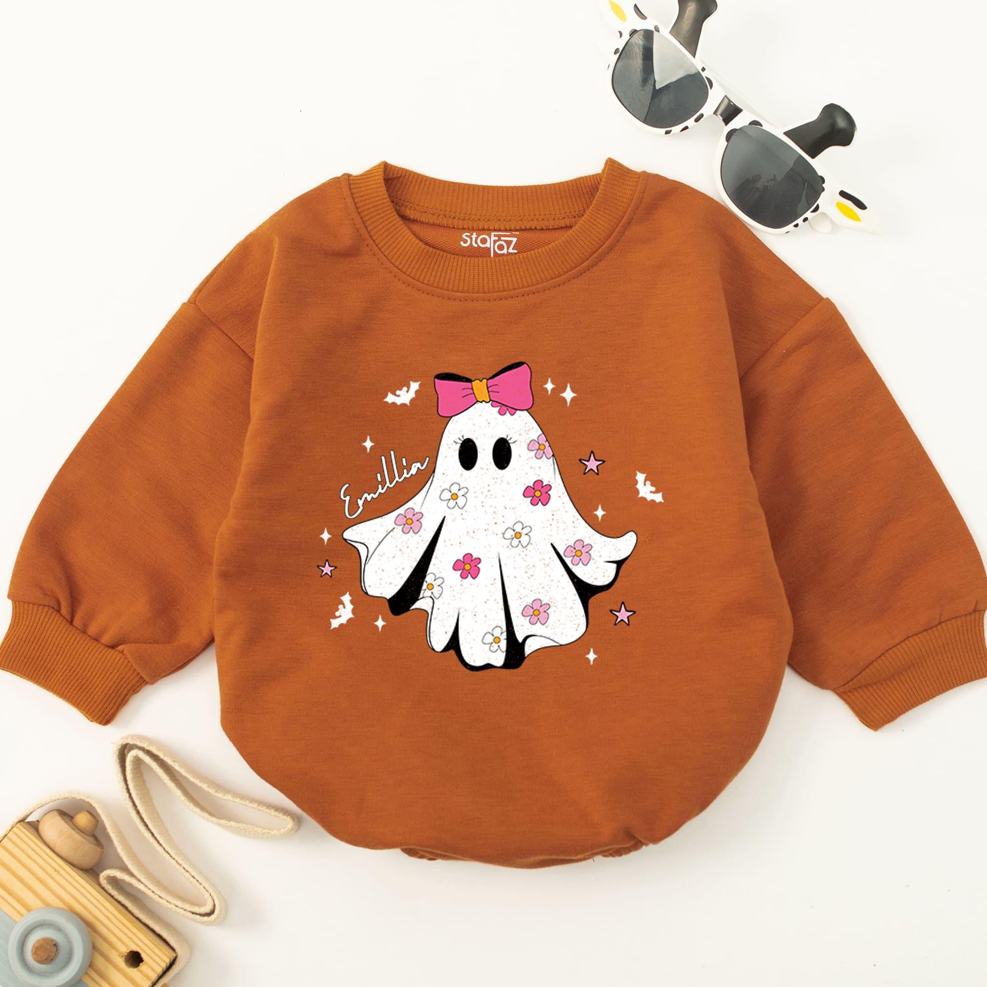 Personalized Emilia Baby Romper Cute Ghost Design Halloween Outfit Soft Pastel Colors for Girls First Fall Romper Infant Apparel