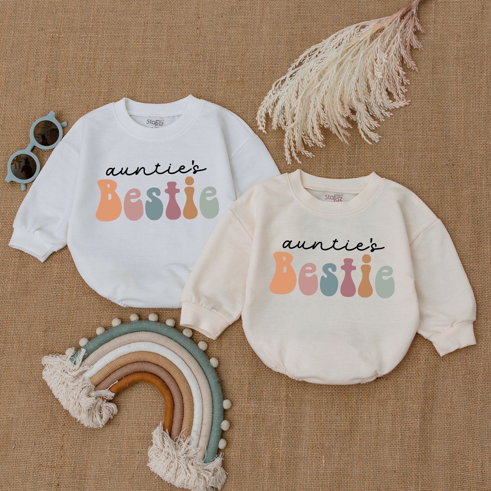 Retro Auntie's Bestie Baby Romper Colorful Vintage Style Newborn Gift Soft Cotton Infant Outfit from Aunt for Birthday Holiday