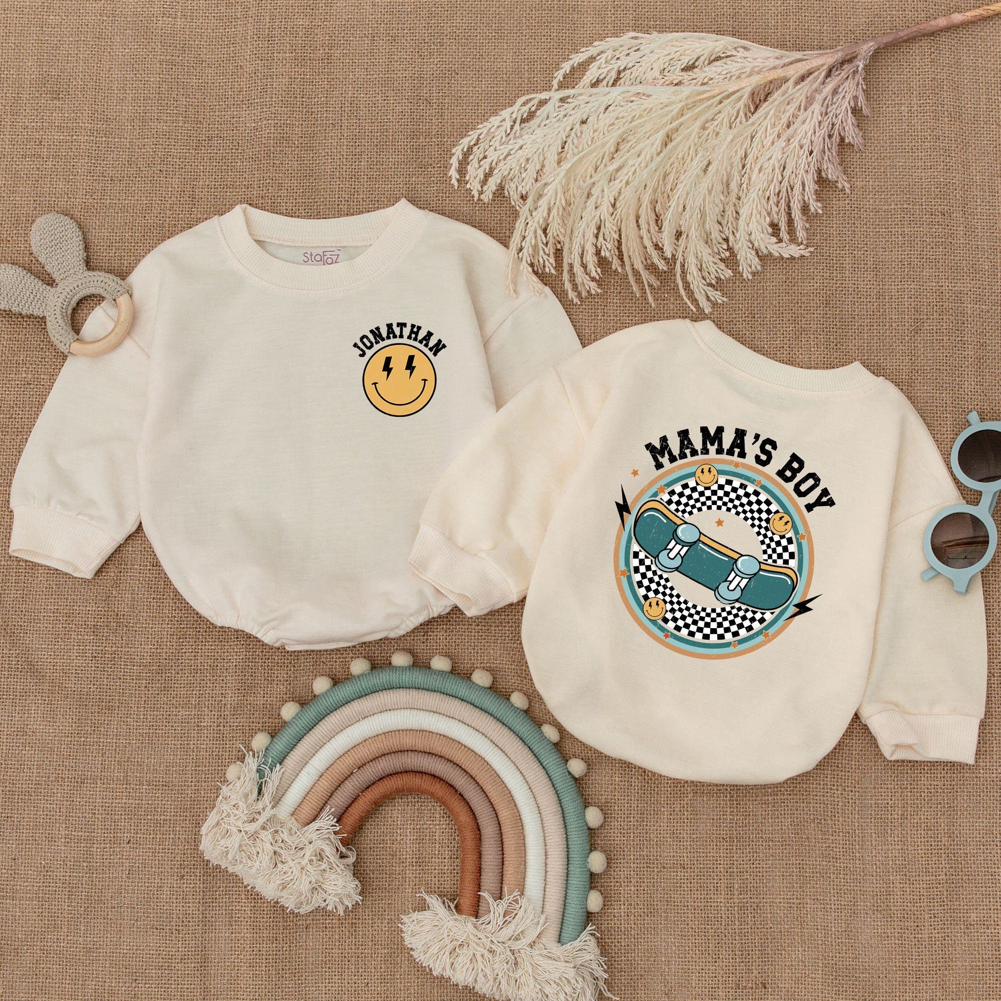 Mama's Boy Retro Baby Romper with Smiley Face Design