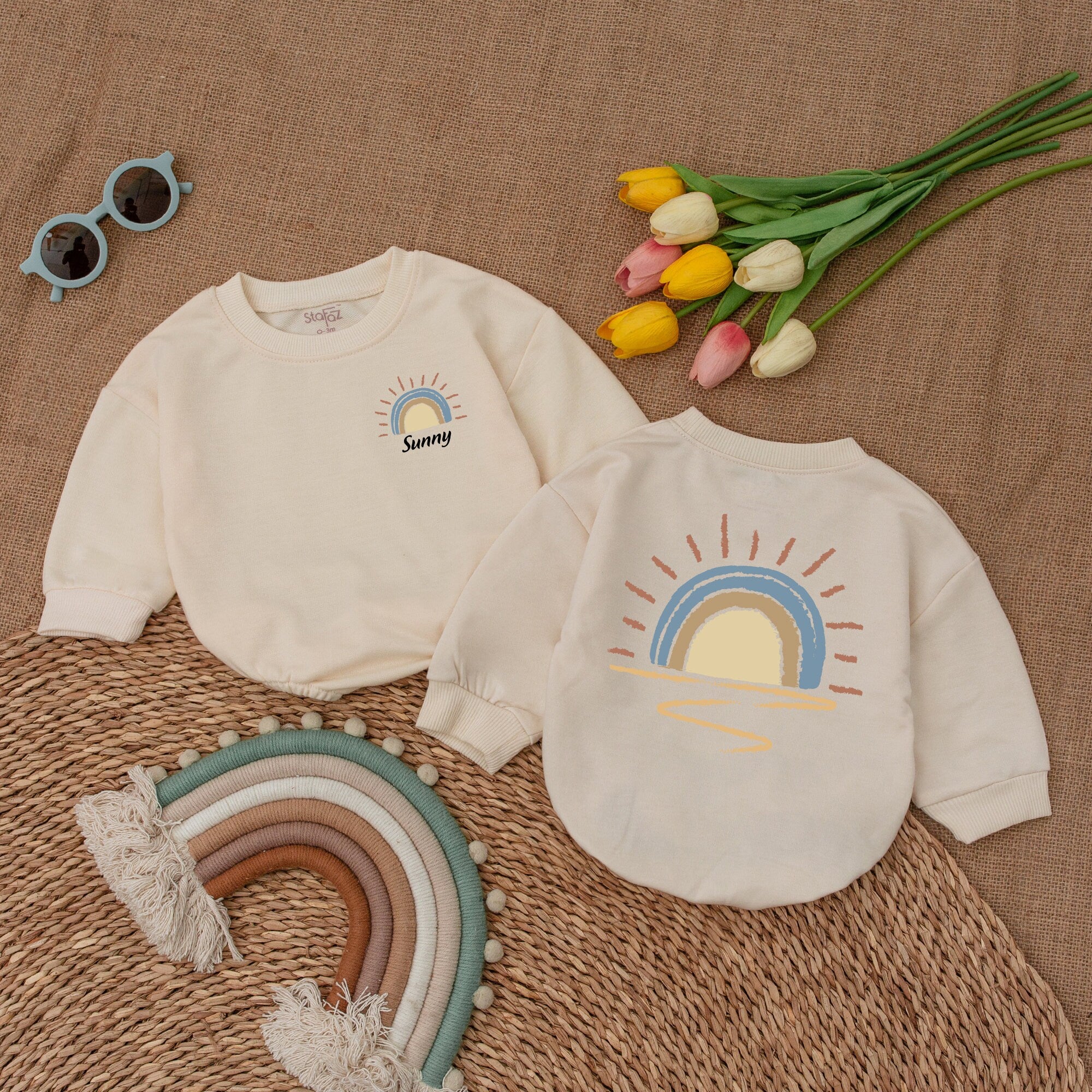 Custom Name Retro Sunshine Baby Romper Soft Cotton Boho Style Newborn Gift Pastel Rainbow Design Sunny Text Comfortable Infant Clothes