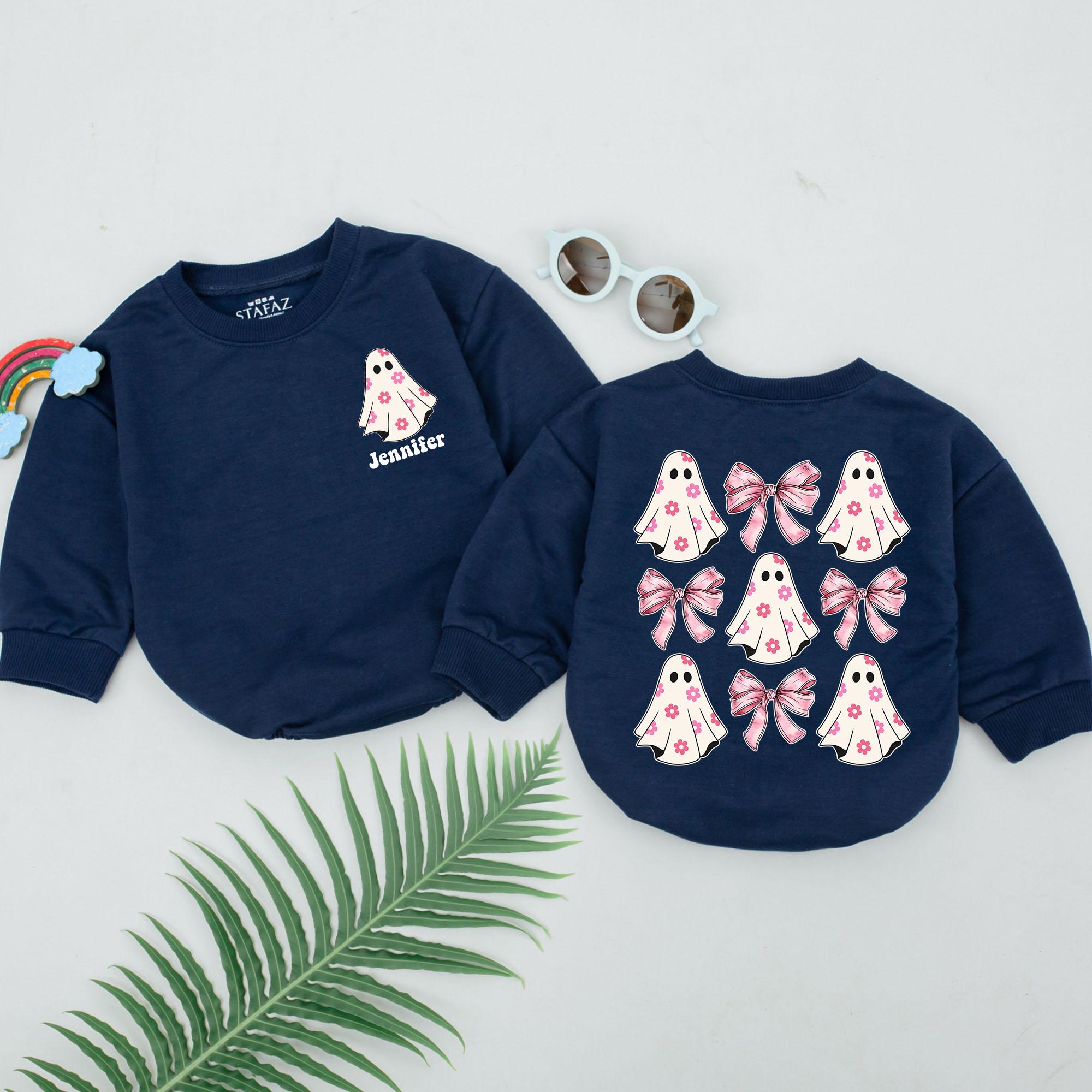 Personalized Baby Girl Halloween Romper with Cute Ghosts Pink Bows Spooky Season Outfit First Holiday Gift Soft Cotton Newborn Apparel