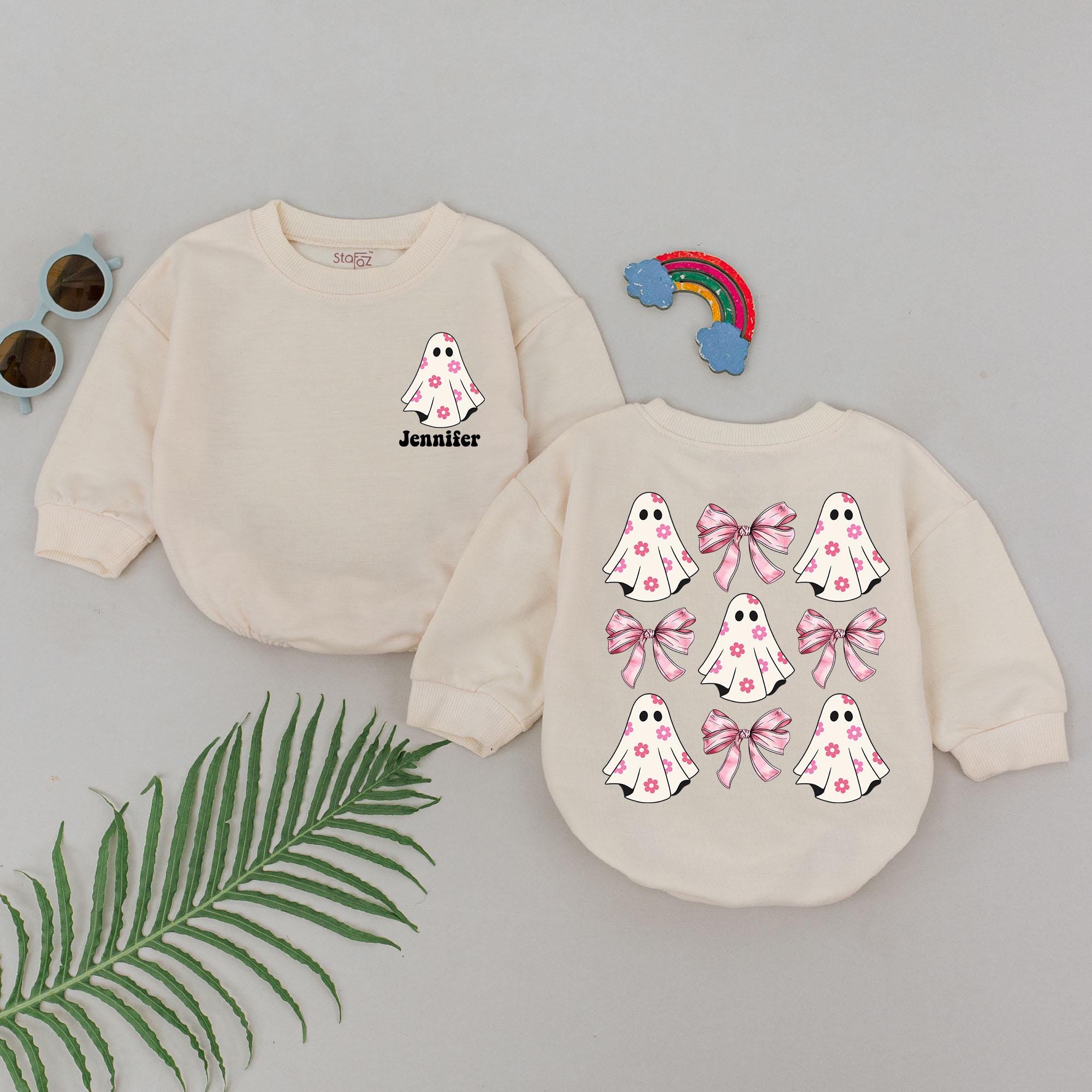 Personalized Baby Girl Halloween Romper with Cute Ghosts Pink Bows Spooky Season Outfit First Holiday Gift Soft Cotton Newborn Apparel