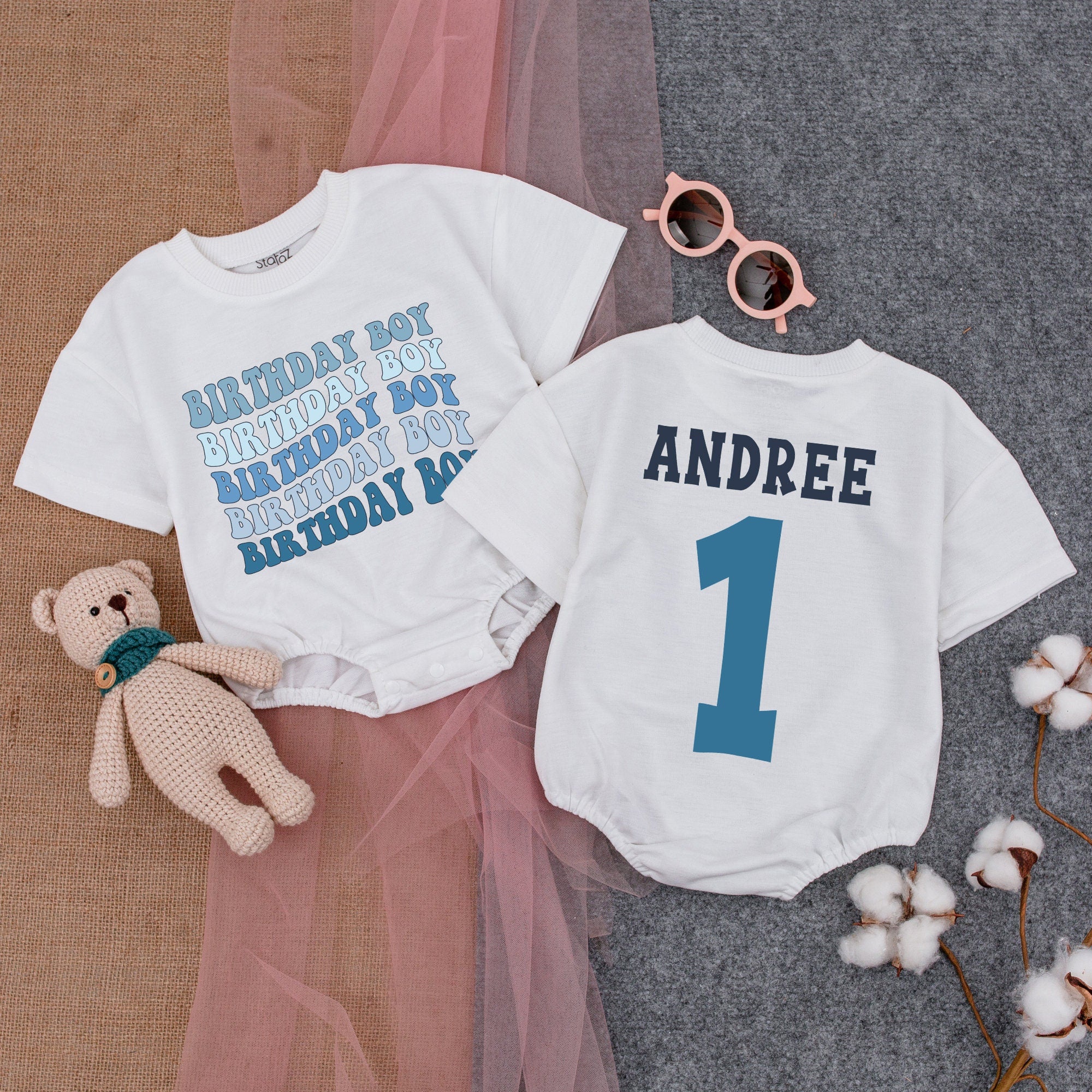 First Birthday Blue Romper with Personalized Name & Number