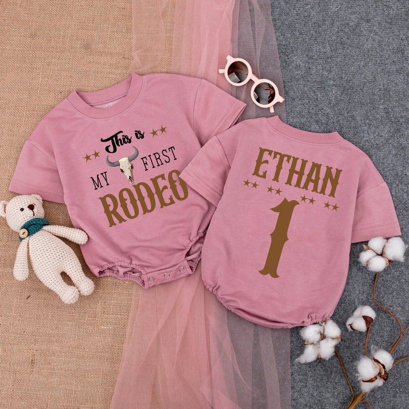 Custom First Rodeo Baby Romper with Cowboy Hat Design