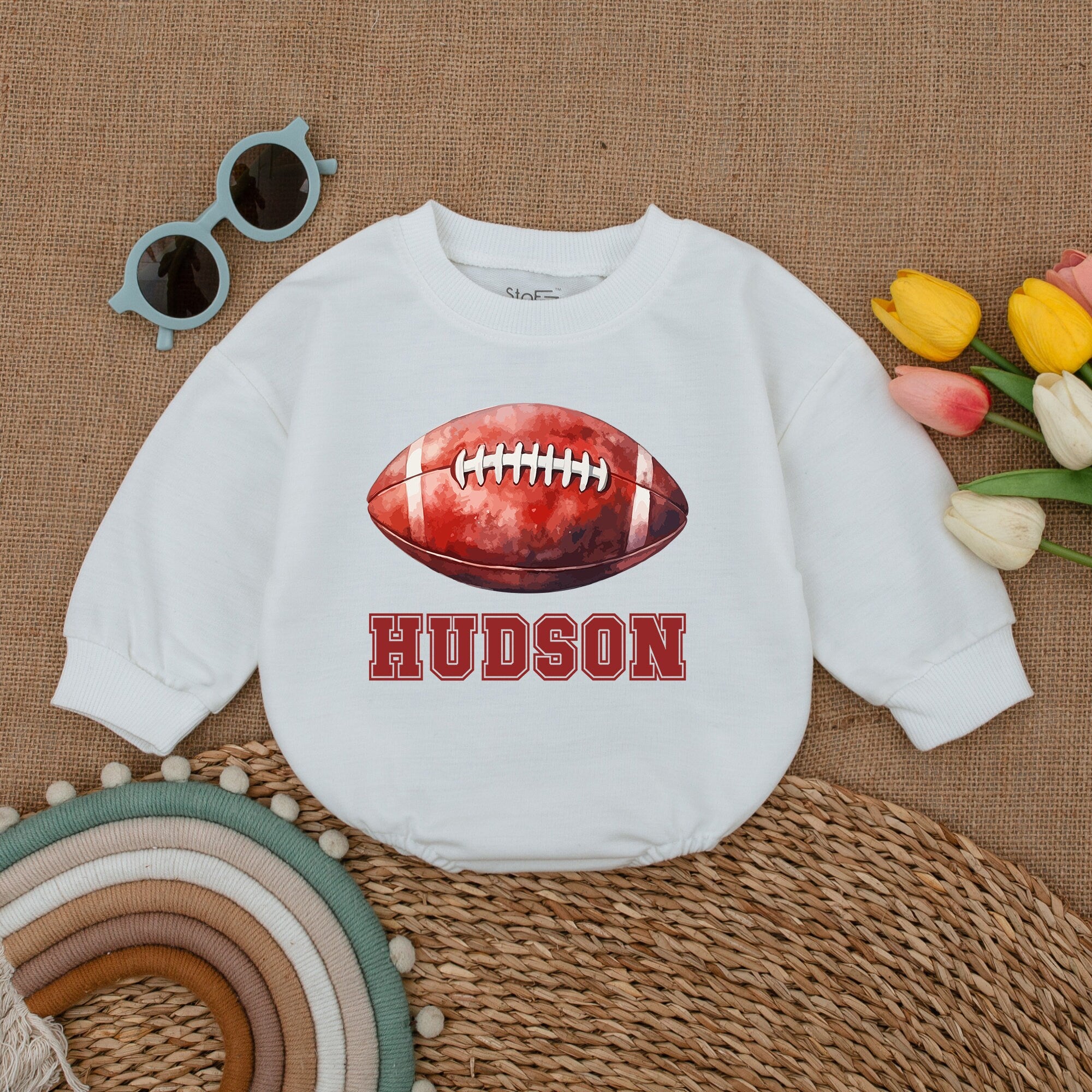 Custom Name Football Baby Romper Personalized Game Day Bodysuit Sporty Outfit Perfect for Baby Showers Soft Cotton Bubble Romper Gift