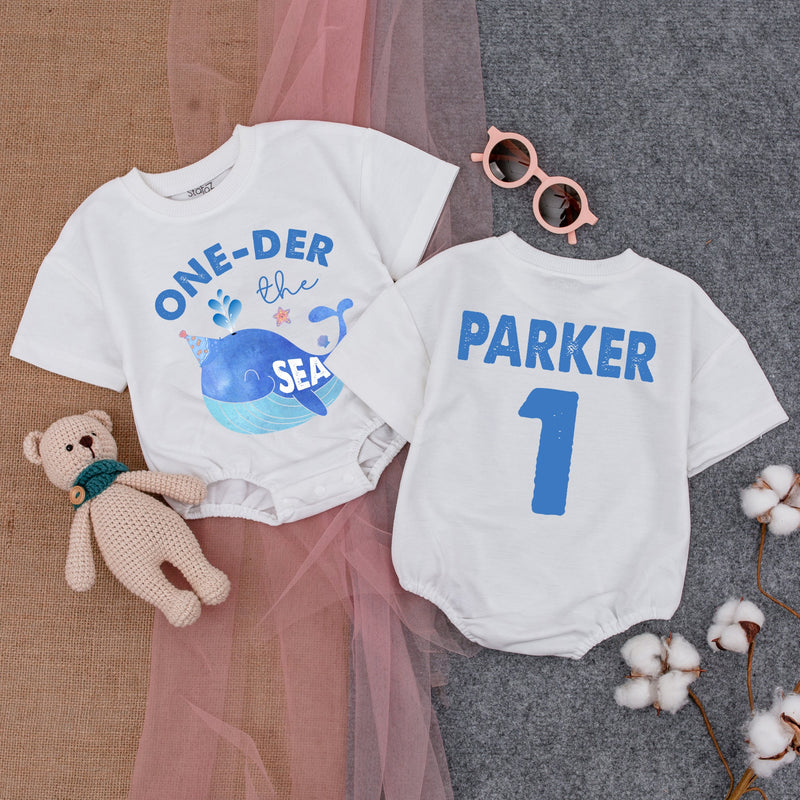 Personalized One-Der the Sea Baby Romper with Whale Design, Custom Name & Age, Soft Cotton First Birthday Outfit for Boys or Girls, Summer Wear