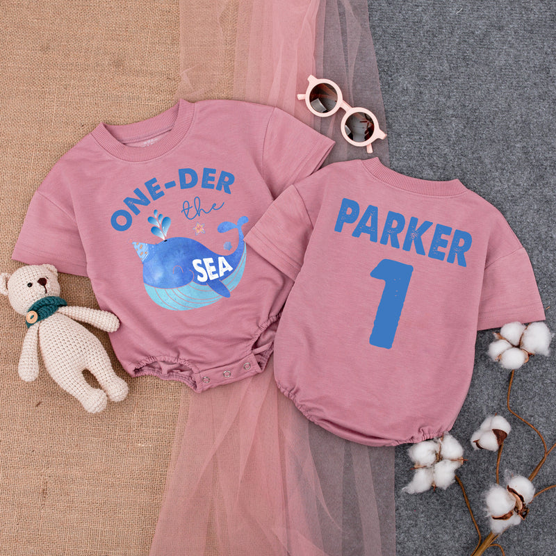 Personalized One-Der the Sea Baby Romper with Whale Design, Custom Name & Age, Soft Cotton First Birthday Outfit for Boys or Girls, Summer Wear