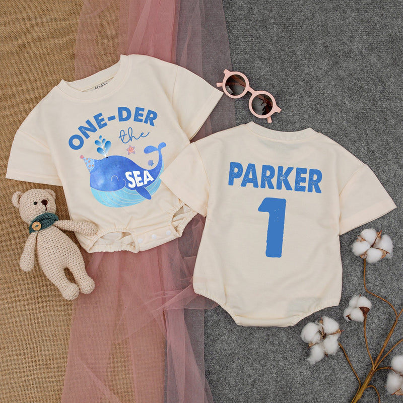 Personalized One-Der the Sea Baby Romper with Whale Design, Custom Name & Age, Soft Cotton First Birthday Outfit for Boys or Girls, Summer Wear