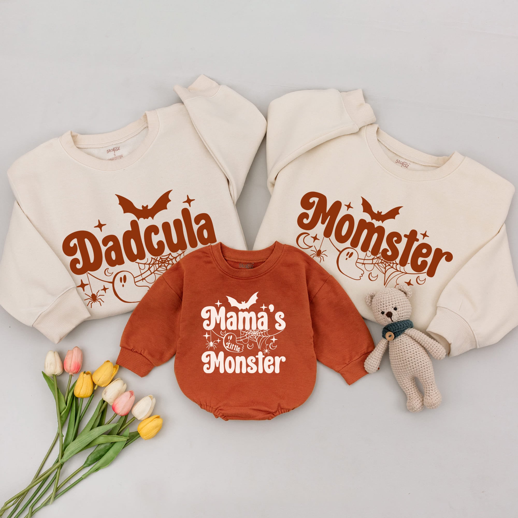 Matching Family Halloween Sweatshirts Dadcula Momster Vintage Design Custom Personalized Fun Spooky Outfits for Mom Dad Baby Toddler