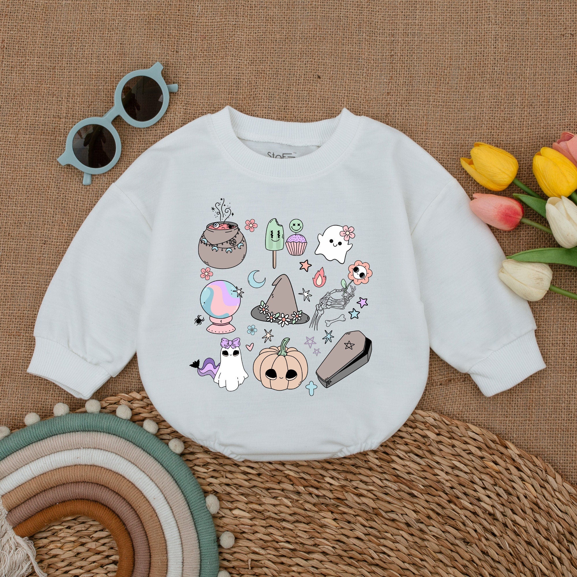 Retro Pastel Halloween Baby Romper with Cauldron Ghost Pumpkin Cute Fall Bodysuit Soft Cotton for Infant Holiday Party Autumn Shower Gift