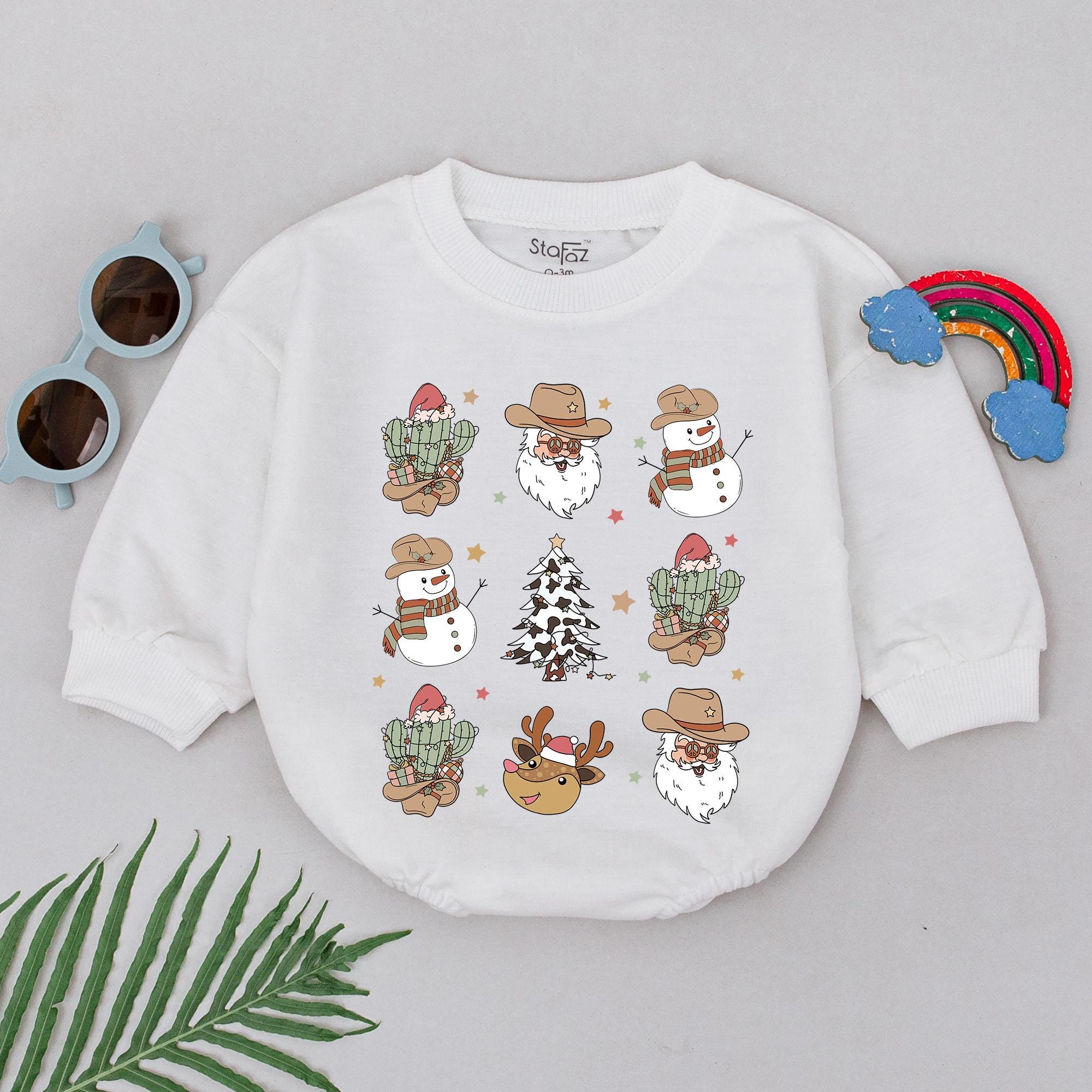 Retro Western Baby Romper with Cowboy Snowmen Christmas Tree Reindeer Lights Festive Vintage Style Newborn Infant Girl Holiday Outfit
