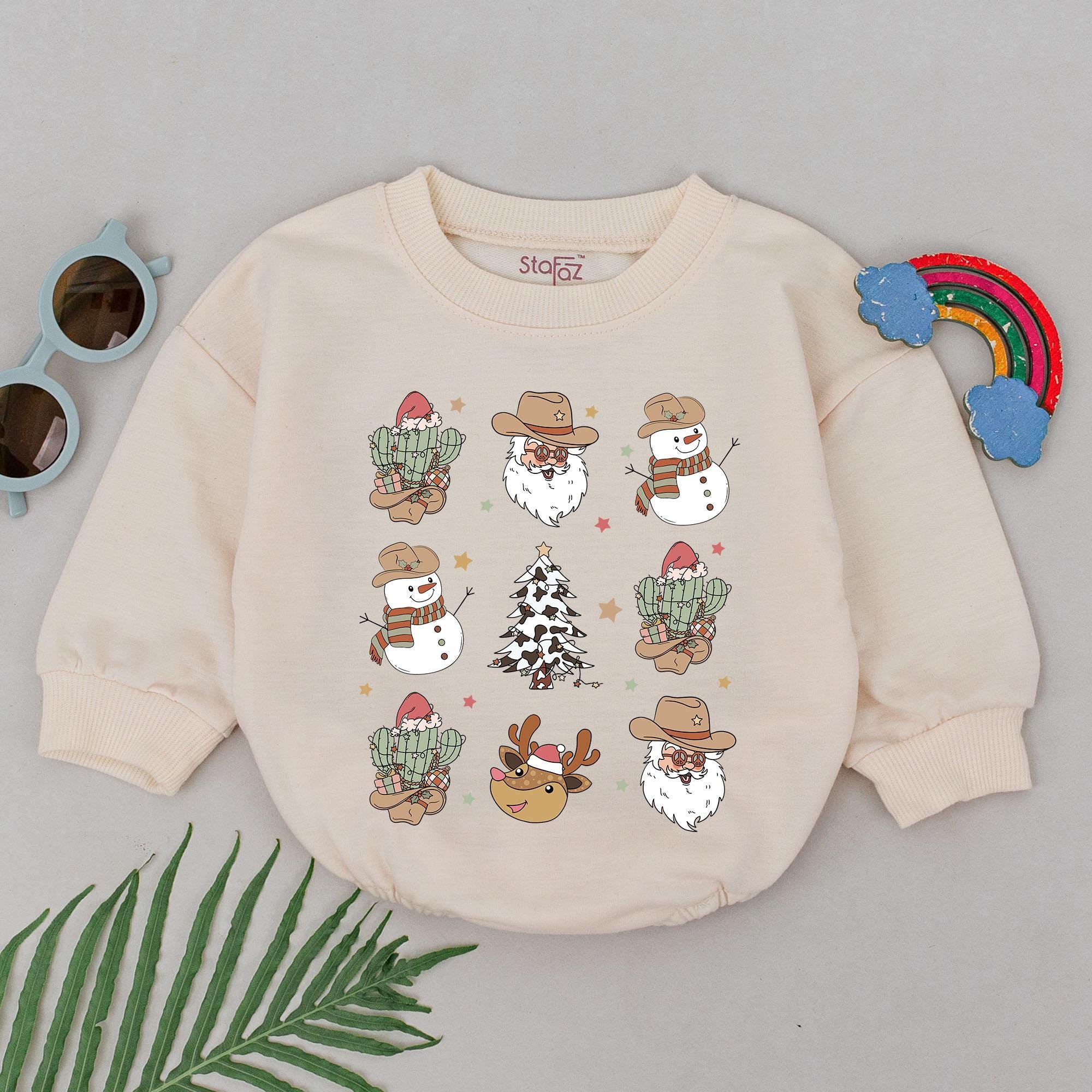 Retro Western Baby Romper with Cowboy Snowmen Christmas Tree Reindeer Lights Festive Vintage Style Newborn Infant Girl Holiday Outfit