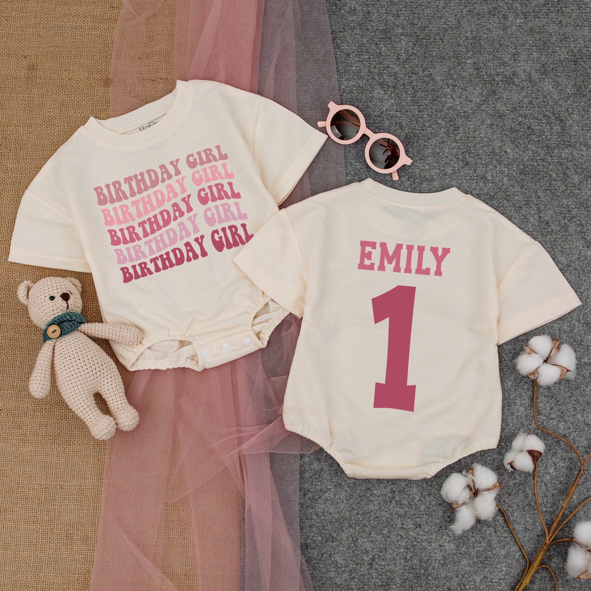 Custom Pink Birthday Girl Romper with Name, First Birthday Outfit